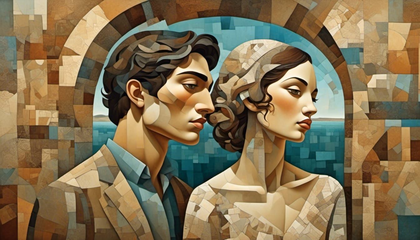 Loving Couple Gazing at Sea Through Stone Arch