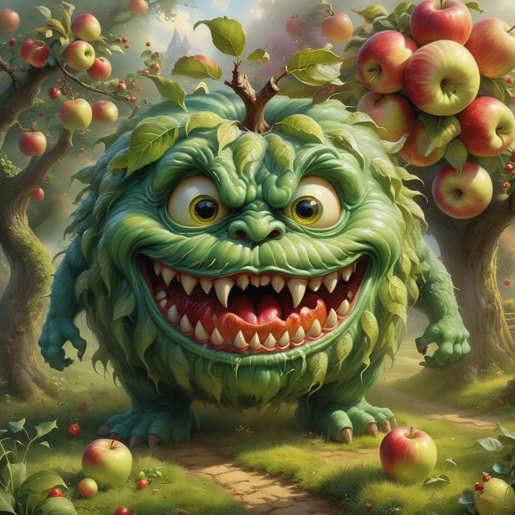 Detailed Apple Monster in Orchard Scene