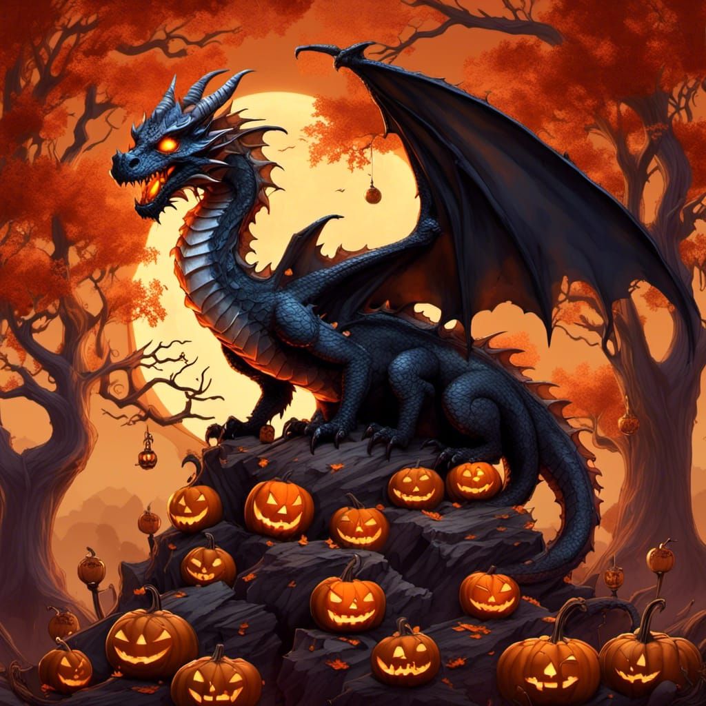 Halloween Dragon Perched on Jack-o-Lanterns