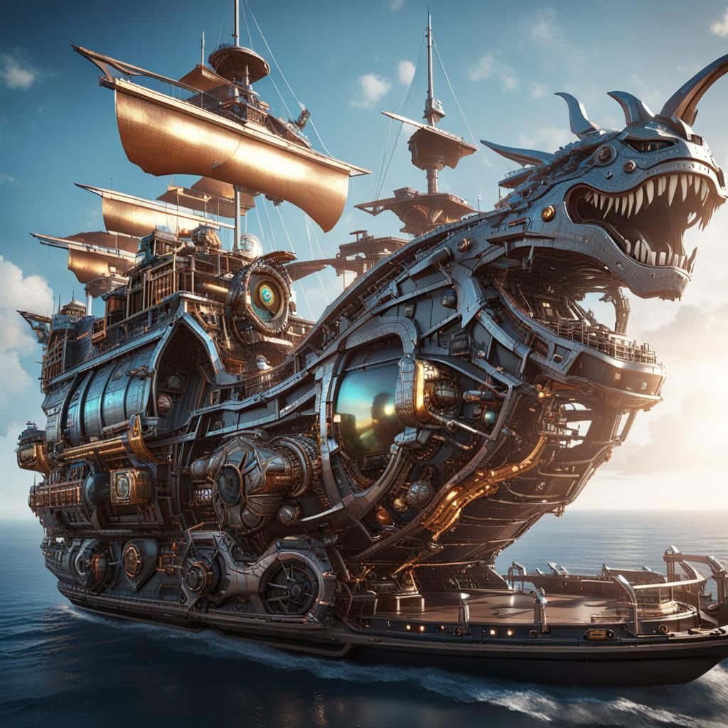 Futuristic Sci-Fi Dragon Pearl Pirate Ship in 8K
