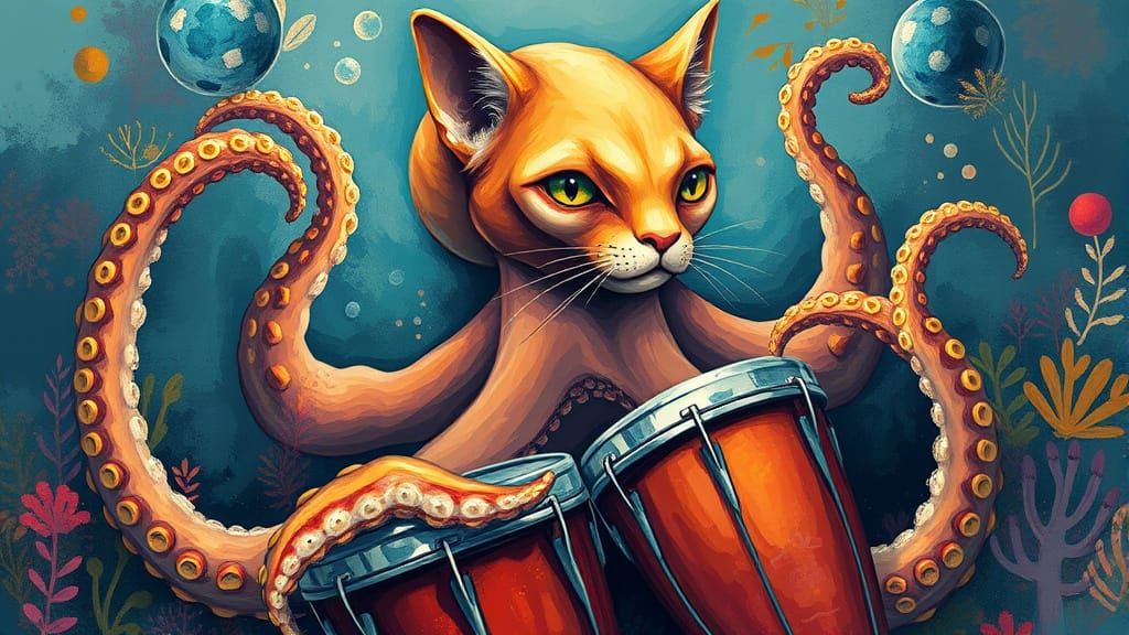 Octopus Cat Plays Bongos Underwater in Vibrant Abstract Art