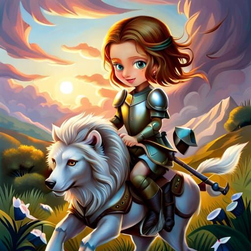 Adorable Girl Knight Rides a Fluffy Lion