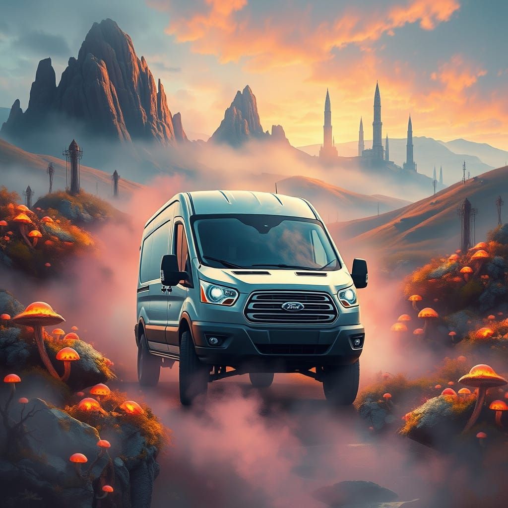 Majestic Ford Transit Van Emerges into Vibrant, Dreamlike La...