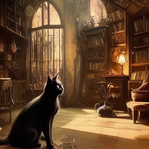 Elegant Black Cat in Witch's Hut, Detailed Matte Painting