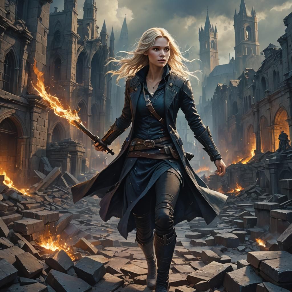 Heroic Figure in Ruined Cityscape