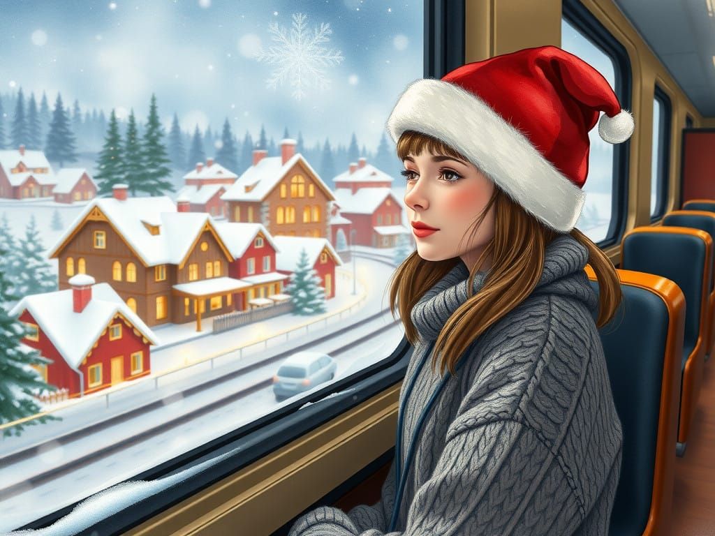 Girl in Festive Sweater Looks Out at Snowy Winter Scene