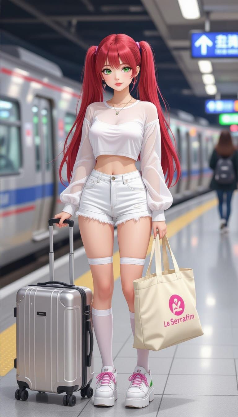 Japanese Woman Waiting for Train in Shibuya Station