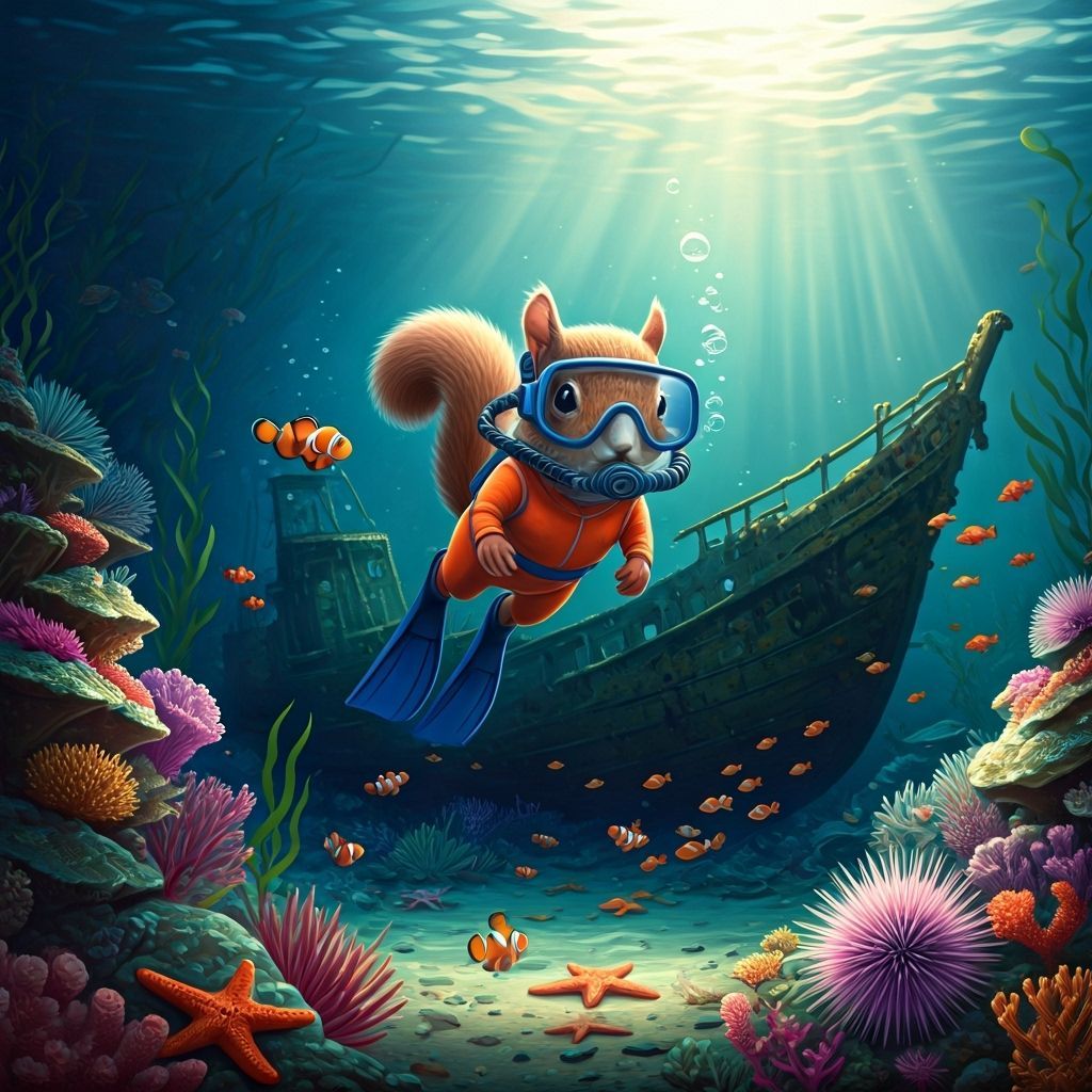 Tiny anthropomorphic squirrel in a vibrant swimming suit, di...