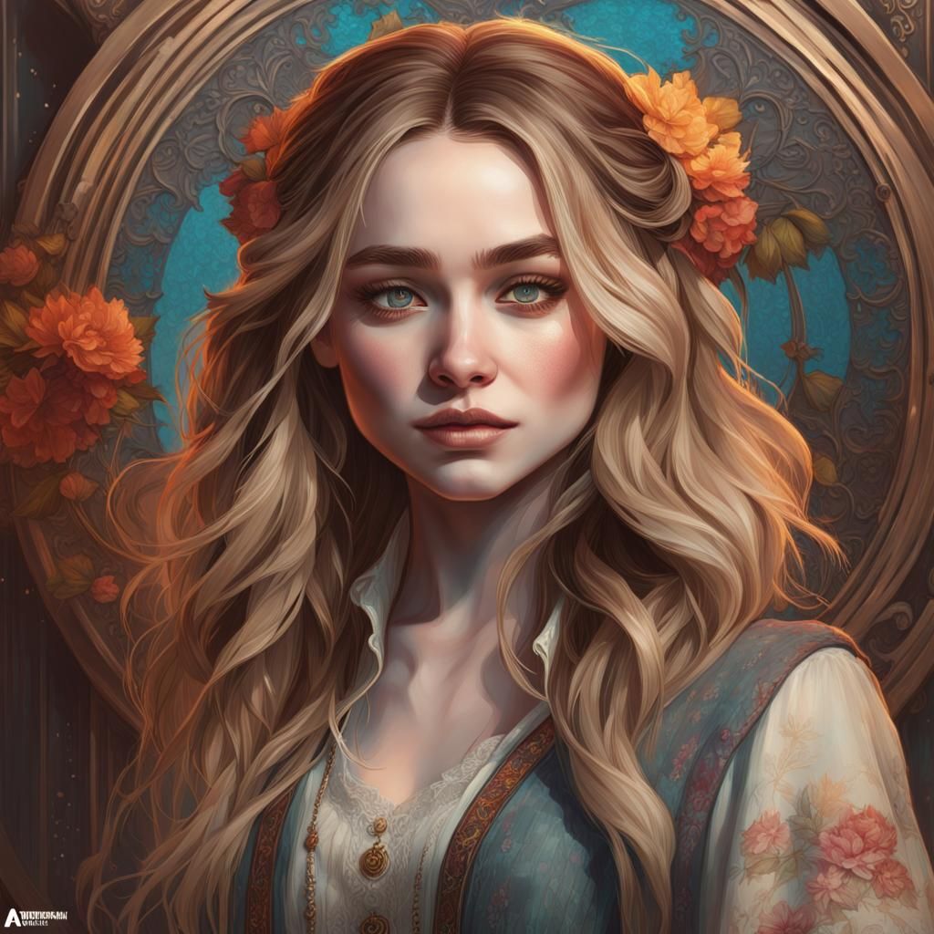 Boho Chic Girl Portrait in Art Nouveau Style