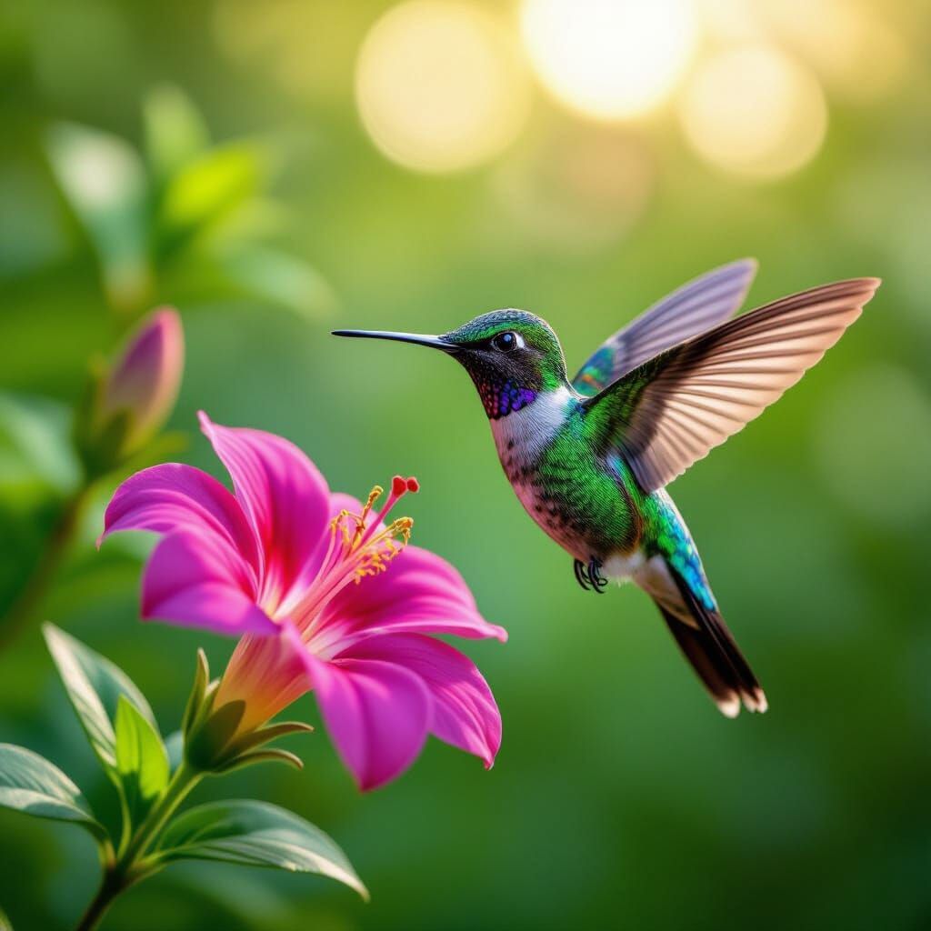 Jewel-Toned Hummingbird Hovers Near Fuchsia Flower