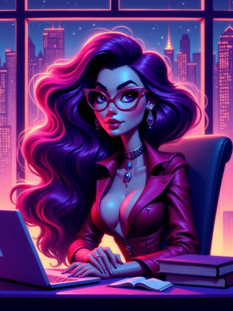 Bratz Style Woman with Purple Hair and Neon City