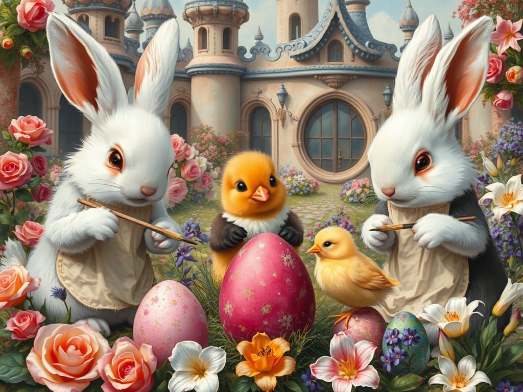 Whimsical Bunnies Painting Easter Eggs in Vintage Style