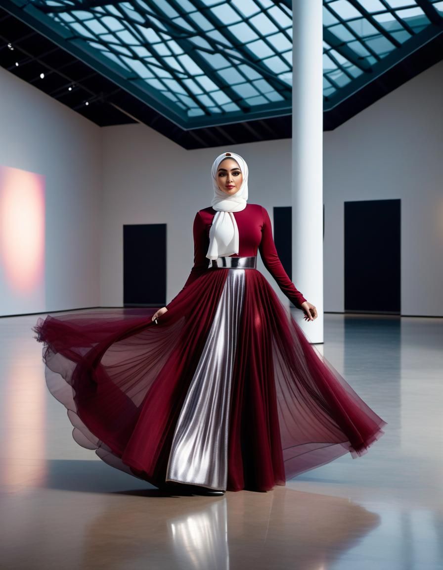 Hijabi Woman in Red Dress Posing in Museum