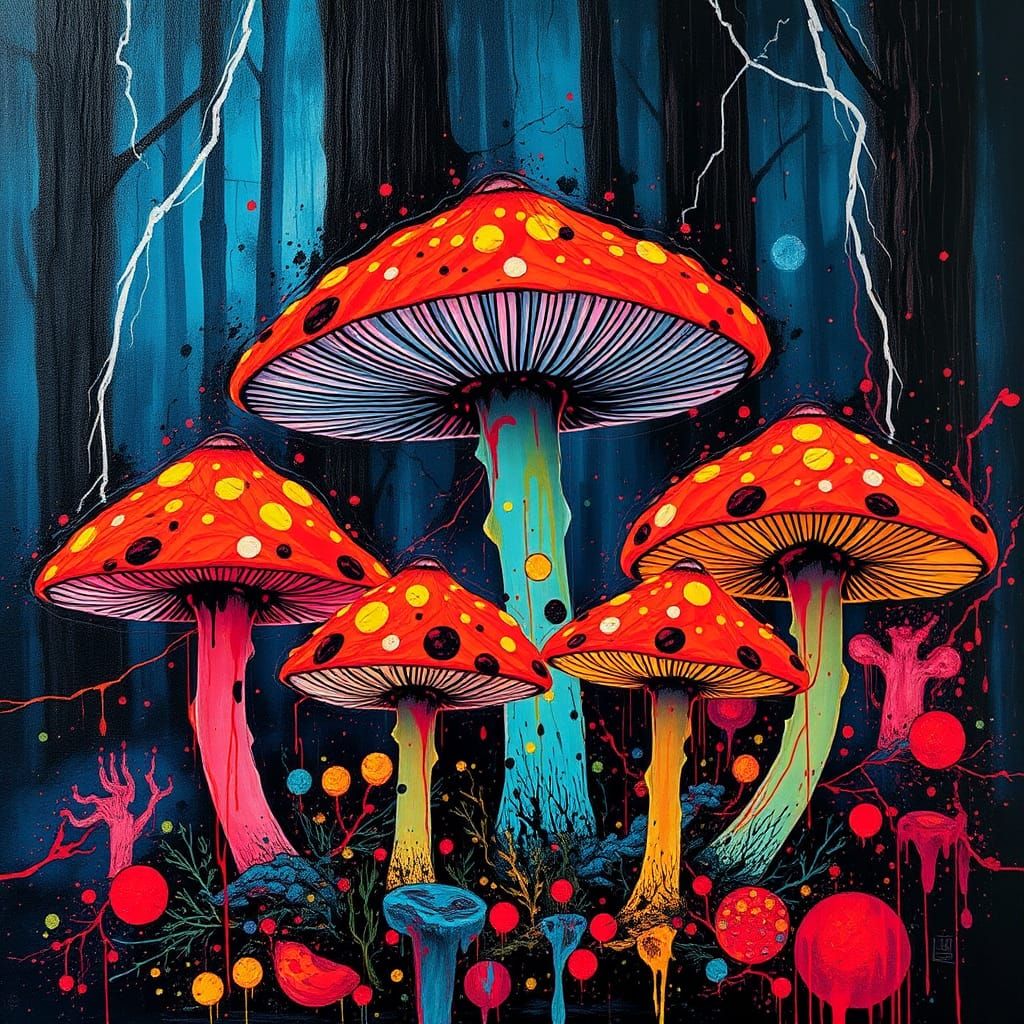 Bioluminescent Mushrooms in Abstract Expressionist Style