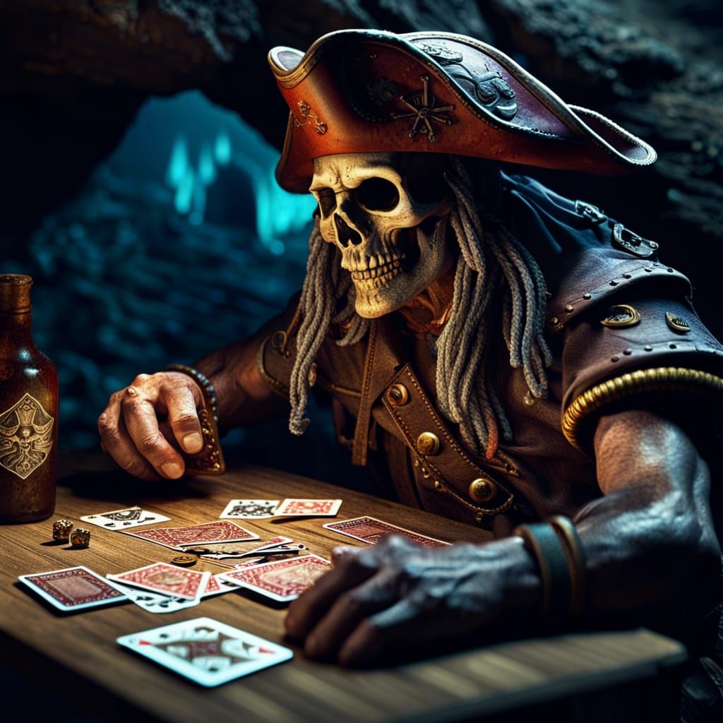 Pirates Playing Cards in Secret Cave, Stipple Art