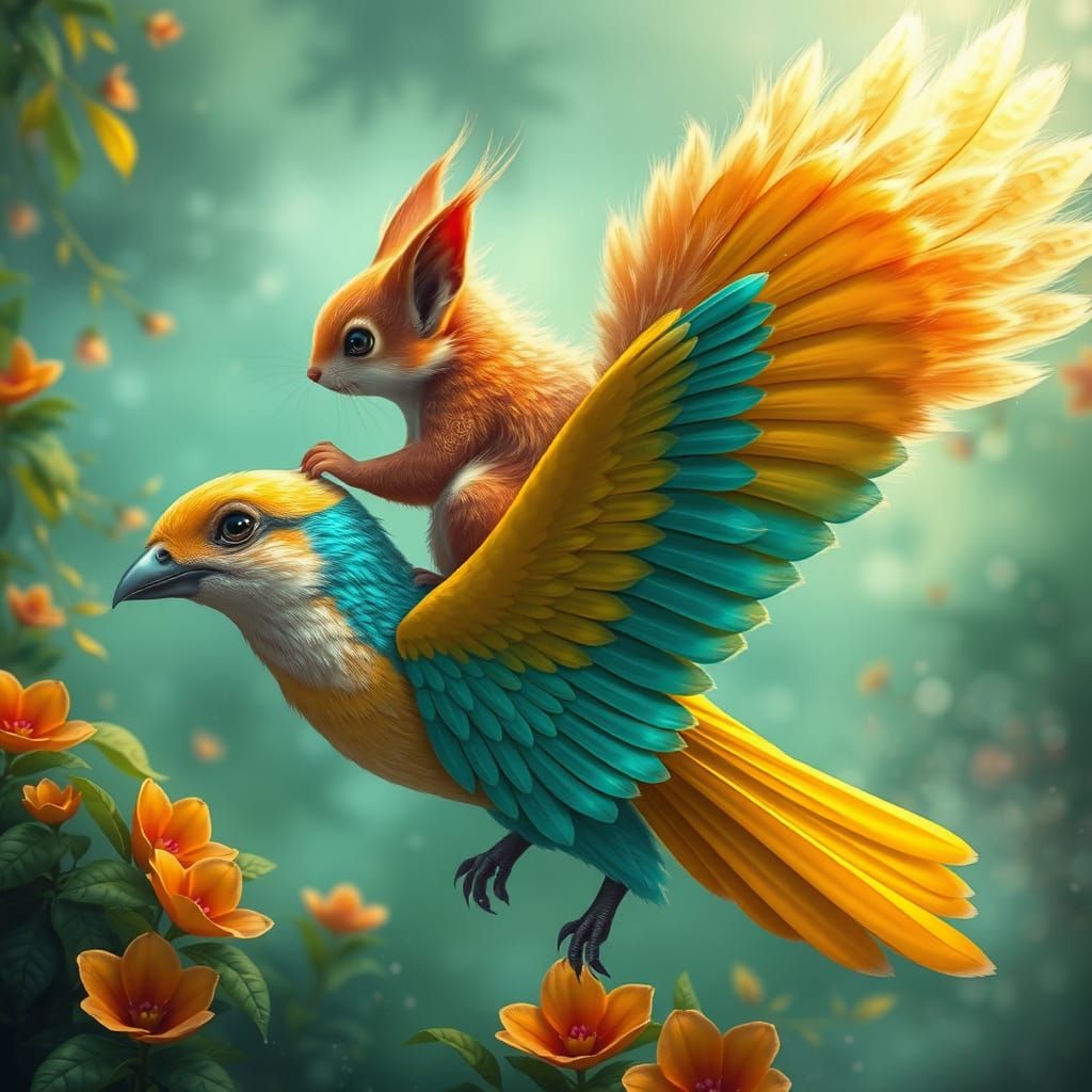 Vibrant Squirrel Soars on Turquoise Bird in Whimsical, Dream...