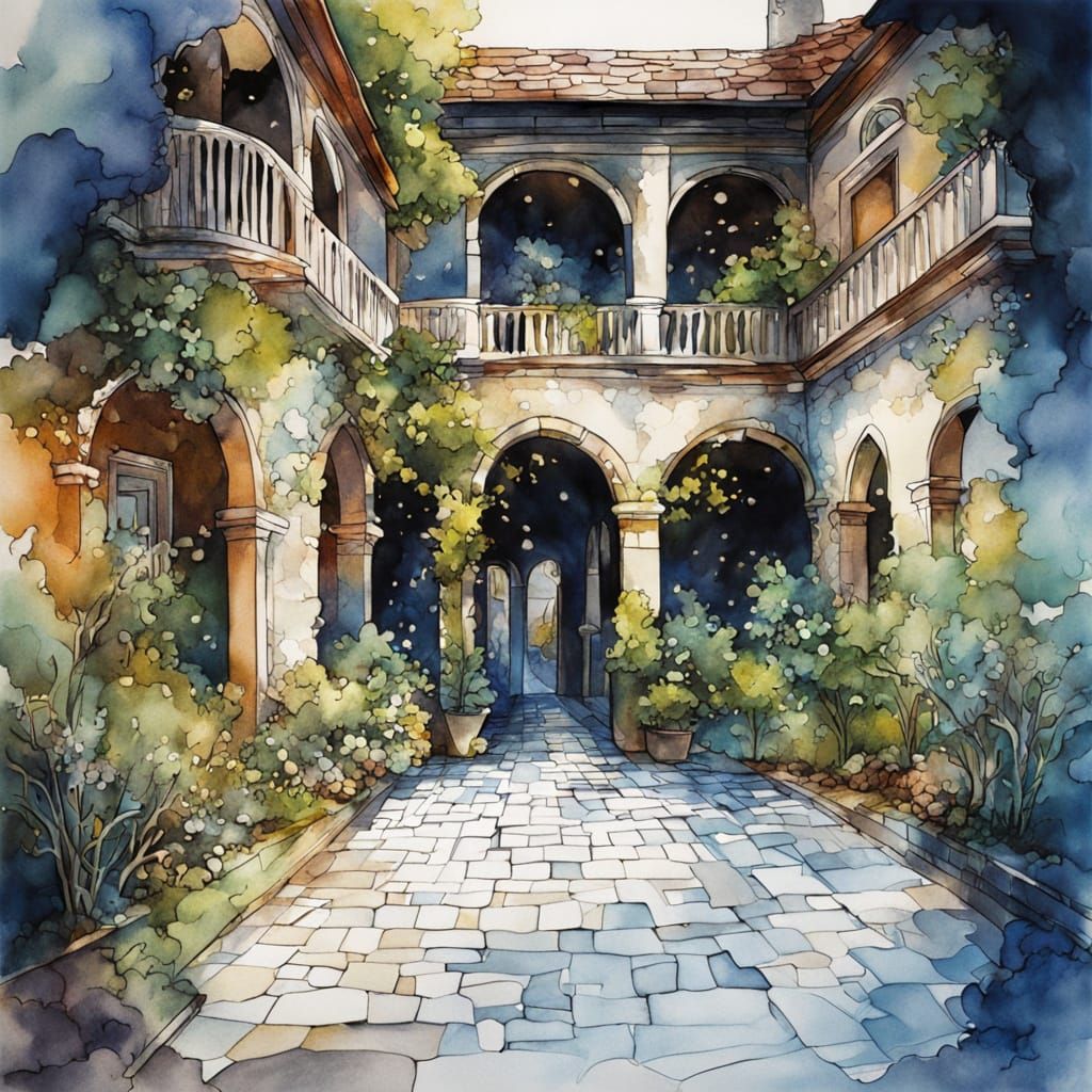 Victorian Courtyard in Alcohol Ink and Watercolor Style