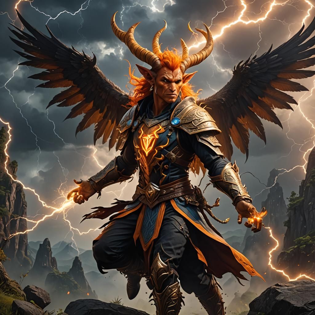 Winged Tiefling Druid with Lightning Energy, Fantasy Art