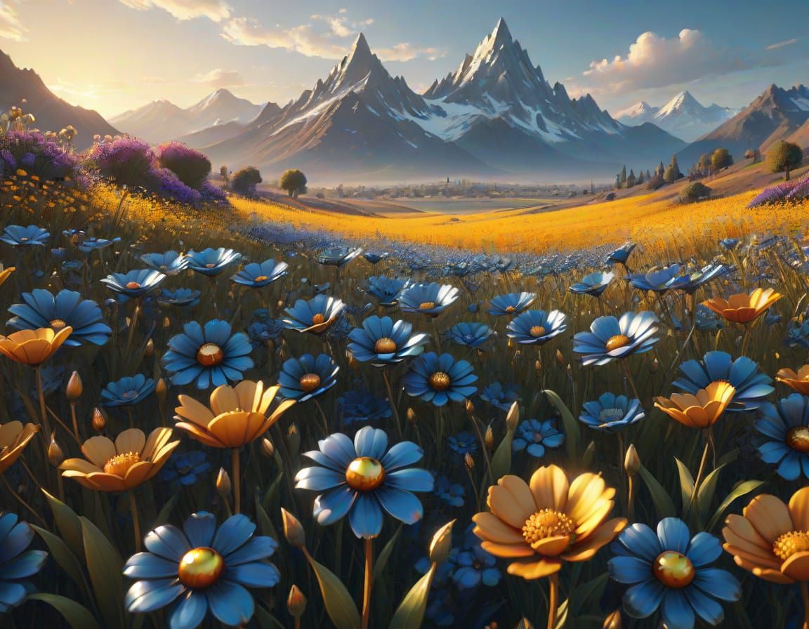 Surreal Field of Chrome Blooms Amidst Metallic Mountains