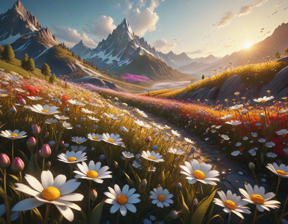 Surreal Field of Chrome Blooms Under Golden Hour