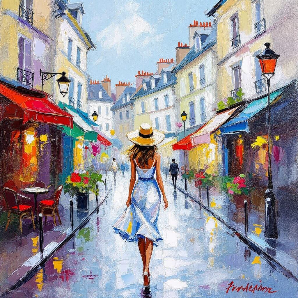 Parisian Summer Street Scene as Oil Painting