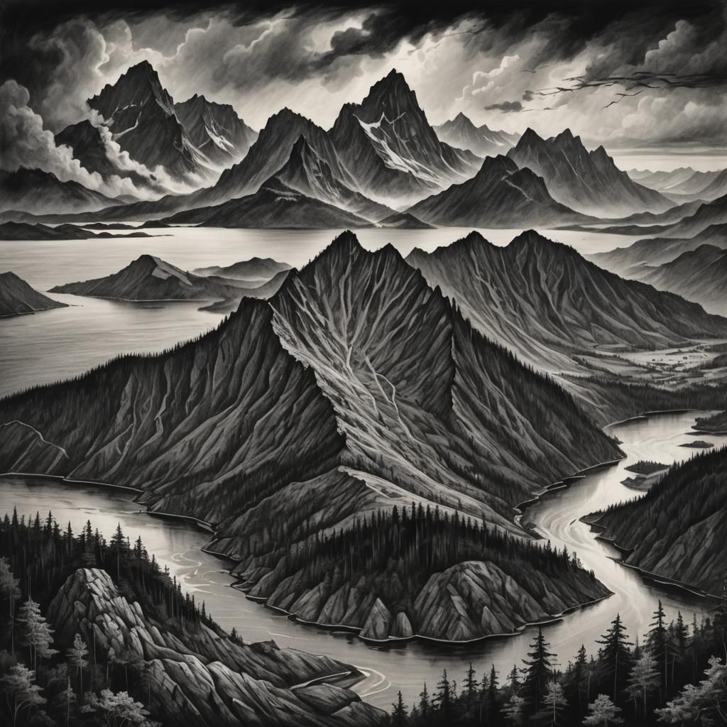 Dramatic Charcoal Drawing of a Jagged Peninsula