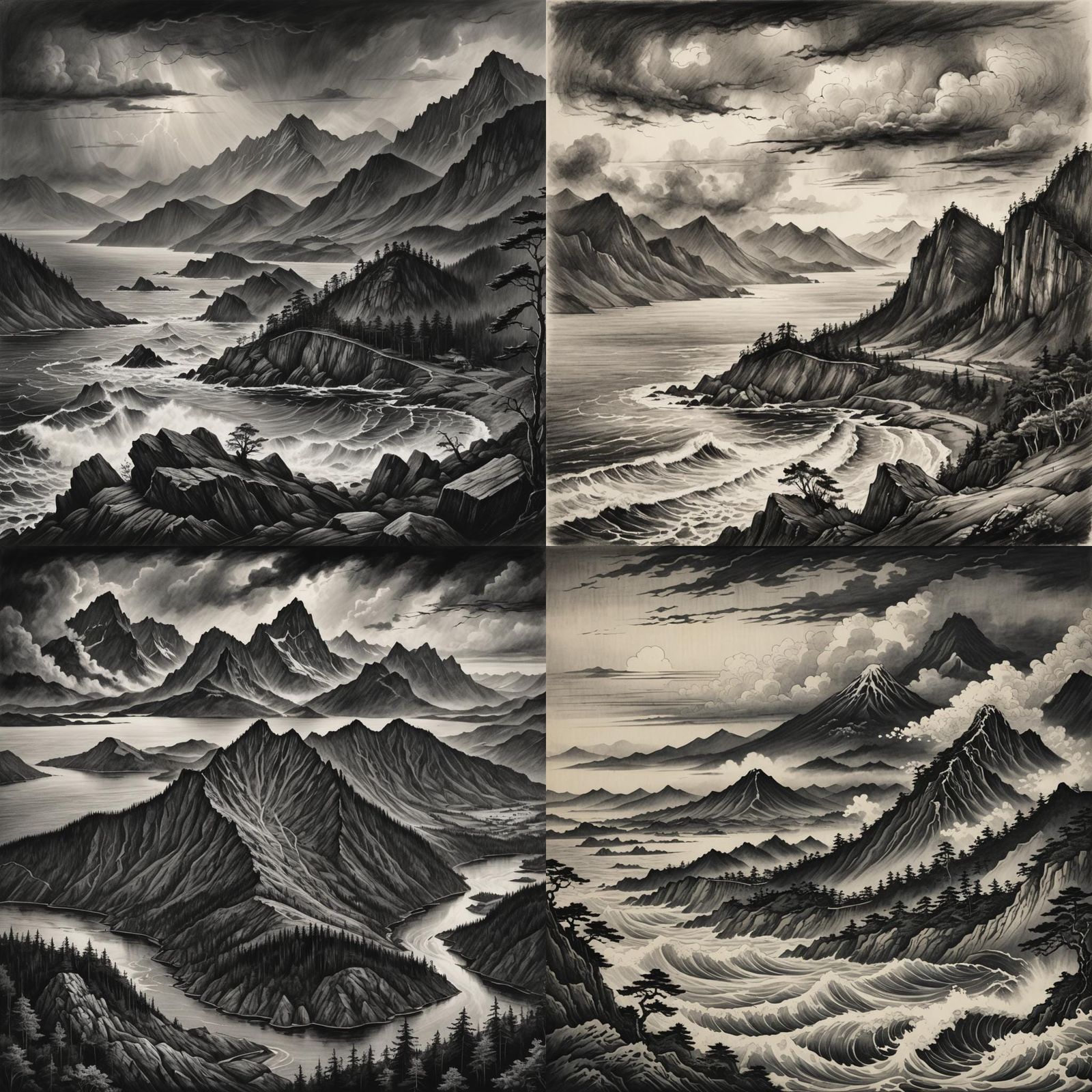 Dramatic Peninsula Charcoal Drawing in Black and White