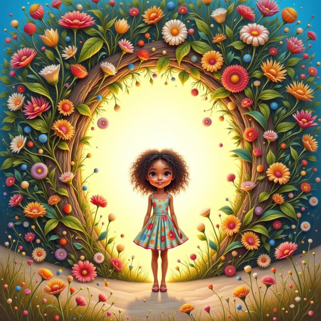 Girl at Doorway to Vibrant World, Whimsical Illustration