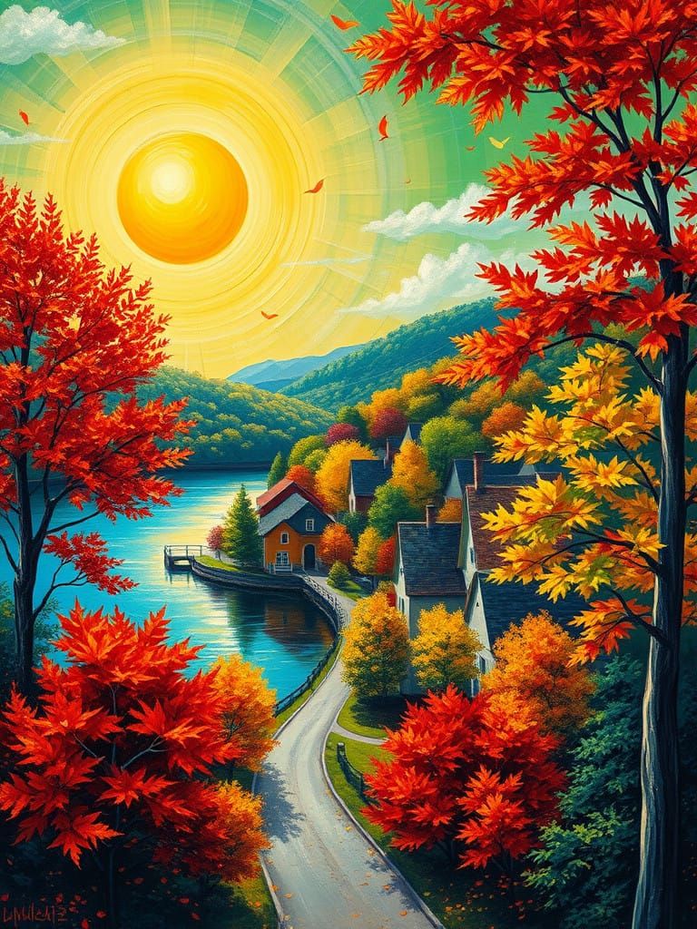 Whimsical Autumn Village in Vibrant Neo-Impressionist Style