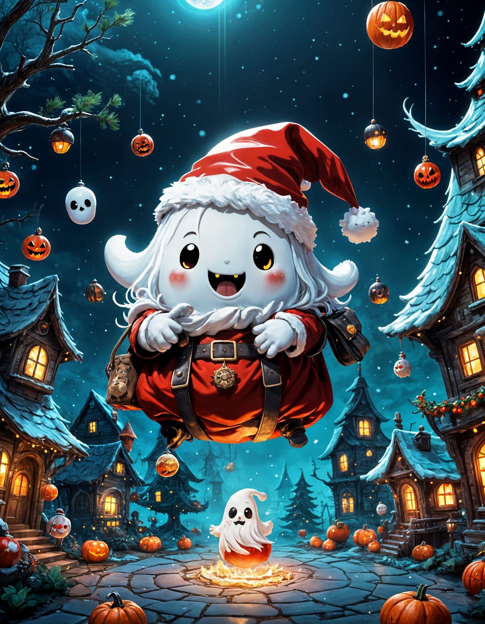Chibi Ghost Santa Haunts Festive Town