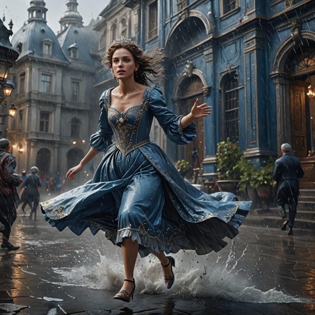 Woman in Blue Dress Running in Rain, Baroque Style