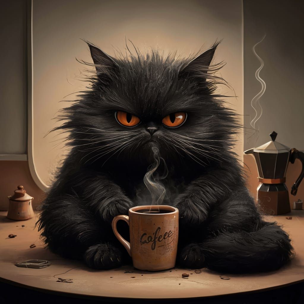 Grumpy Black Cat Enjoying Coffee: Digital Painting