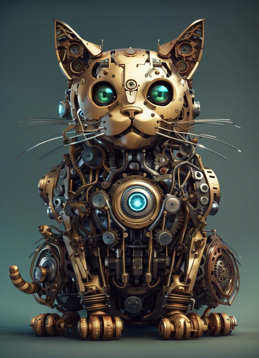 Detailed Robotic Cat Illustration in Hyperrealism Style