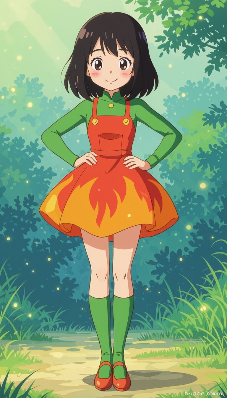 Cute Anime Girl in Fiery Dress, Ghibli Style