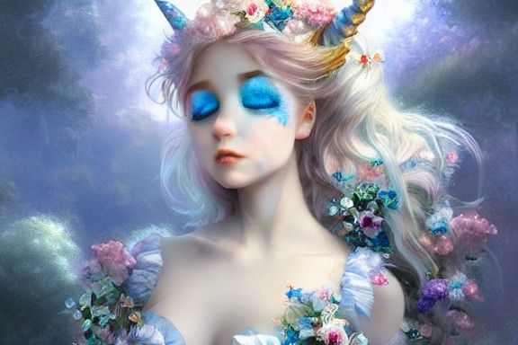 Blue and White Unicorn Pony Girl in Art Nouveau Style