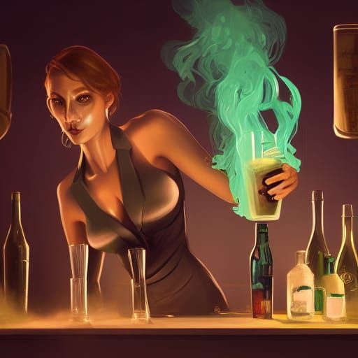 Slime Bartender Mixing Drinks in Smoky Bar