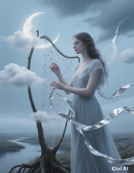 Ethereal Woman Plays Harp in Silver Rain