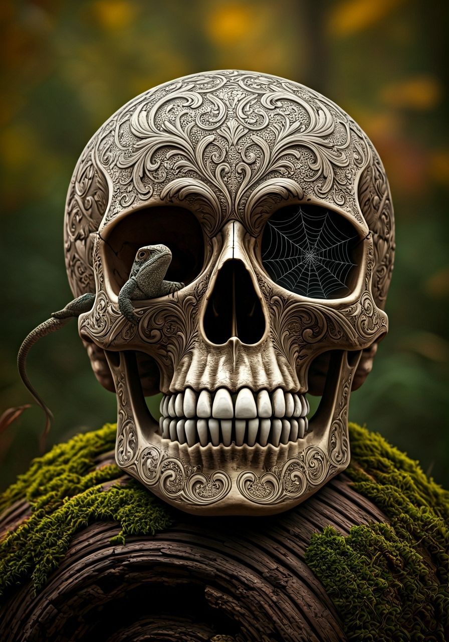 Photorealistic Skull With Lizard and Filigree Outdoors