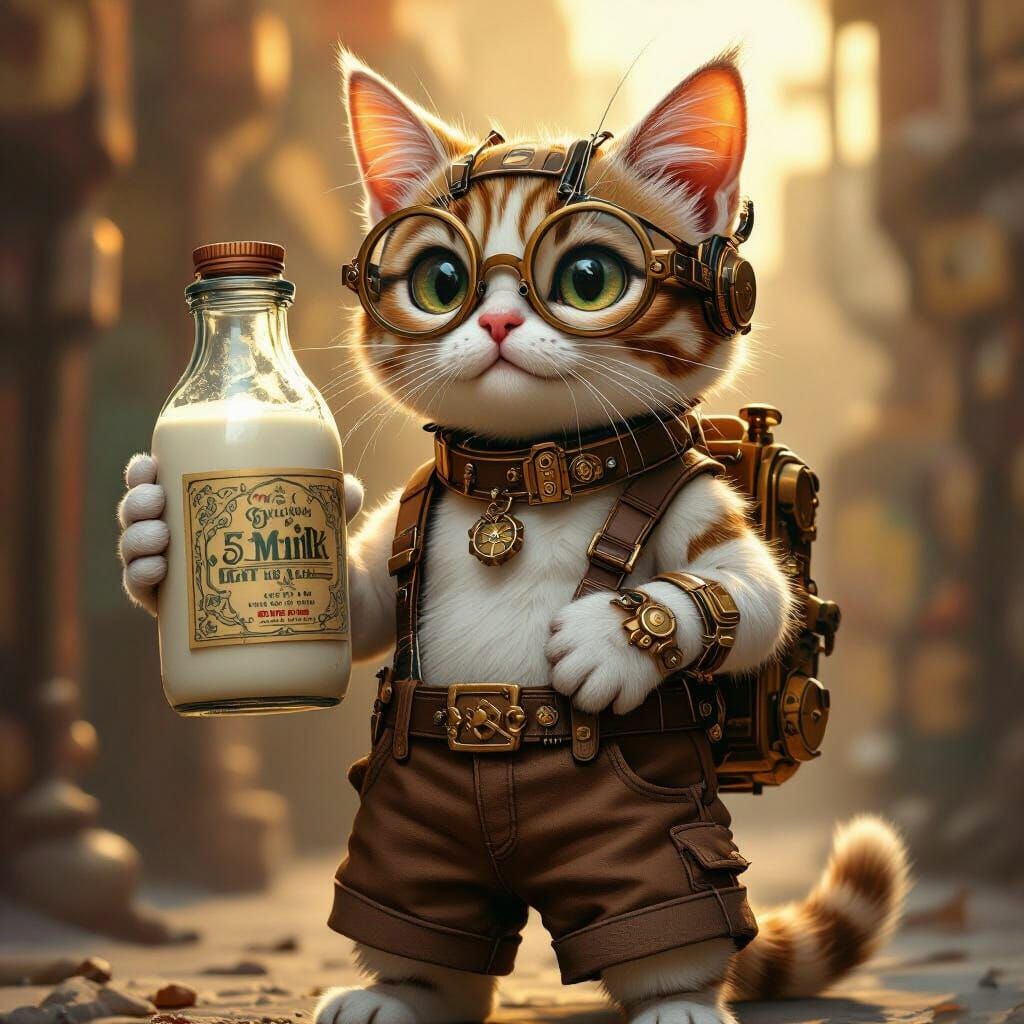 Steampunk Cat with Glasses and Milk Bottle