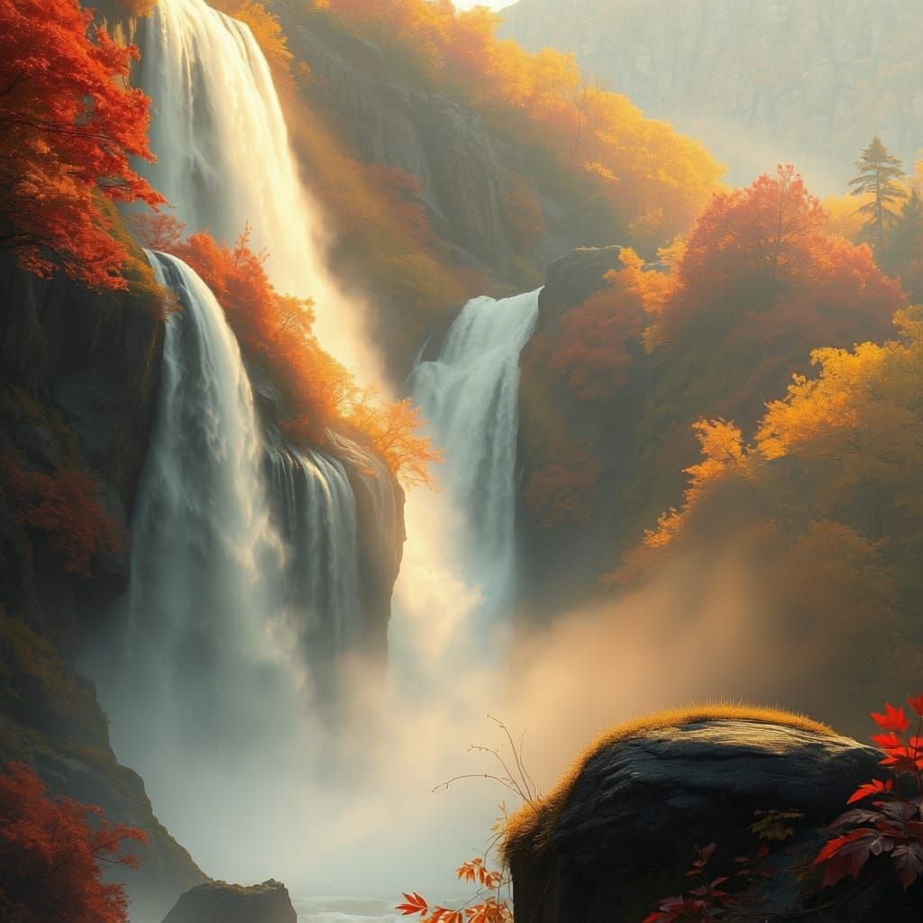 Autumn Waterfall Scene with Traveler in Realistic Fantasy St...