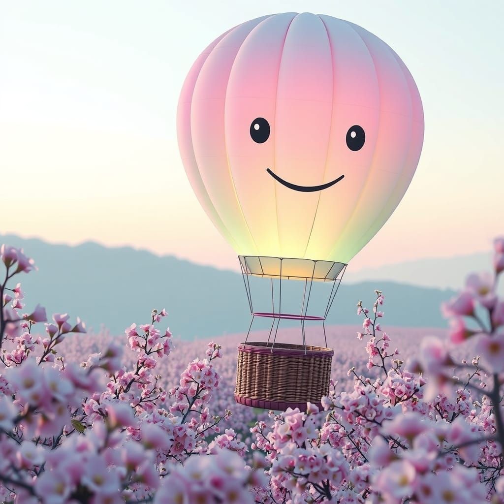 Bioluminescent Balloon over Cherry Blossoms in Retro-Futuris...
