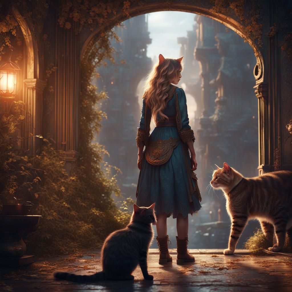 Fantastical Cat-Girl Fusion in Detailed Matte Painting