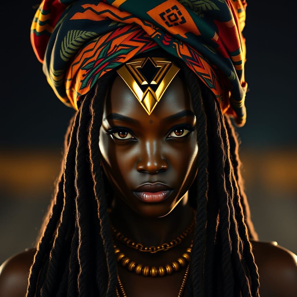 Regal African Wonder Woman in Traditional Kente Headwrap