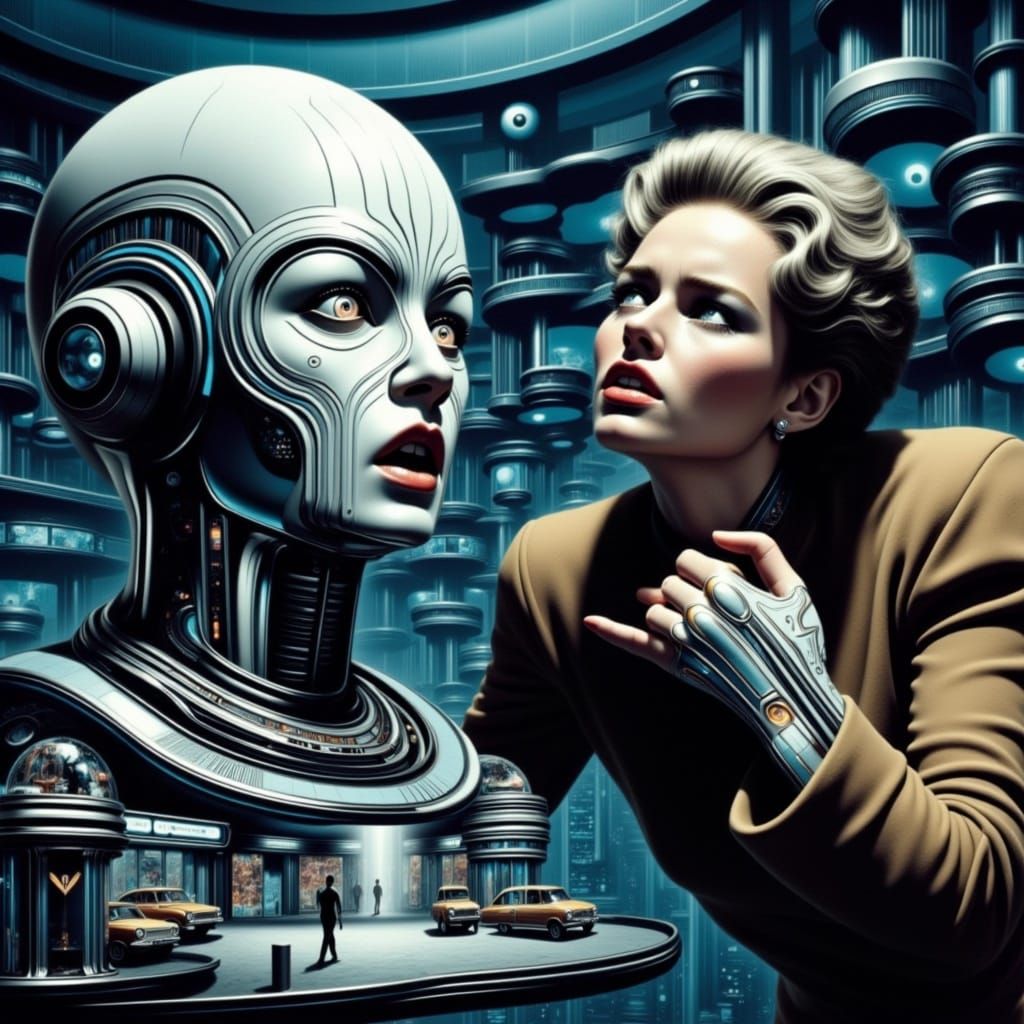 Retro-Futuristic Despair: A Woman's Anguished Cry in a Forgo...