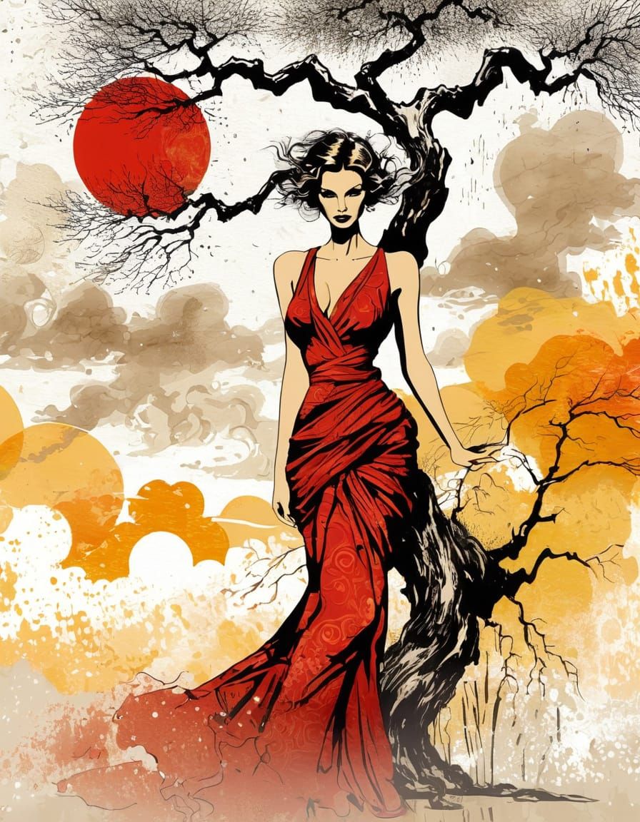 Old Tree Illustration in Muted Ink Painting Style