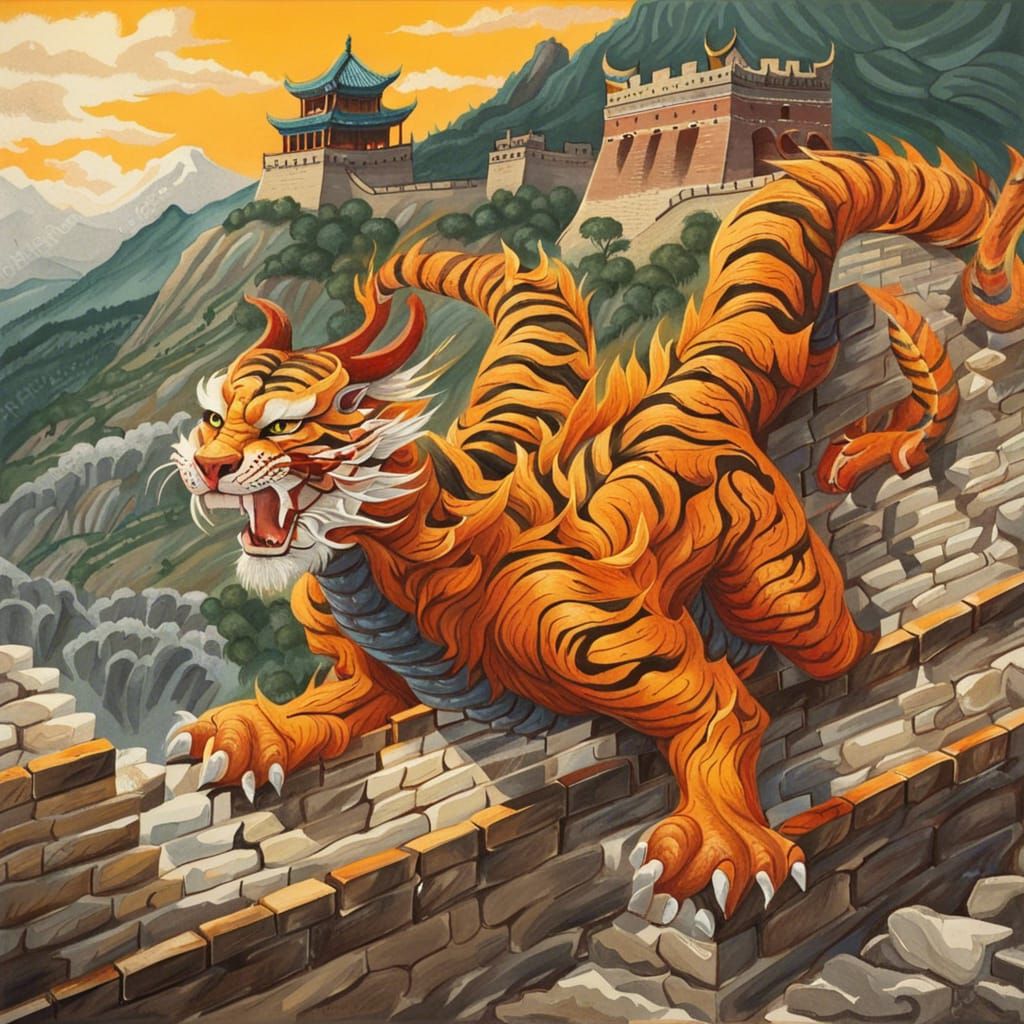 Chinese Tiger Dragon Attacks Great Wall: Gouache Painting