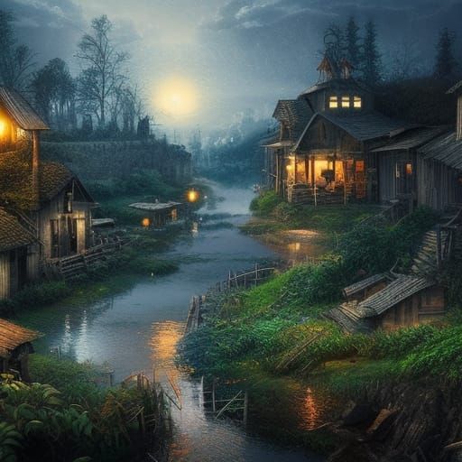 Cinematic Village at Nightfall Digital Painting