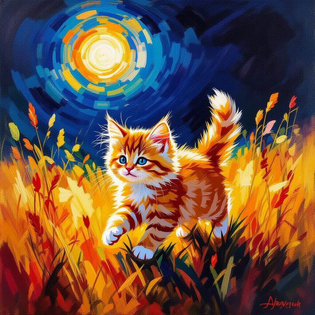 Vibrant Ginger Kitten in Sun-Dappled Meadow