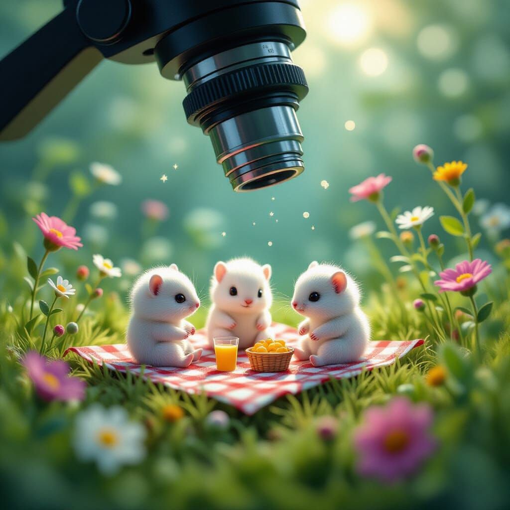 Whimsical Cells Picnic Under Microscope, Digital Art