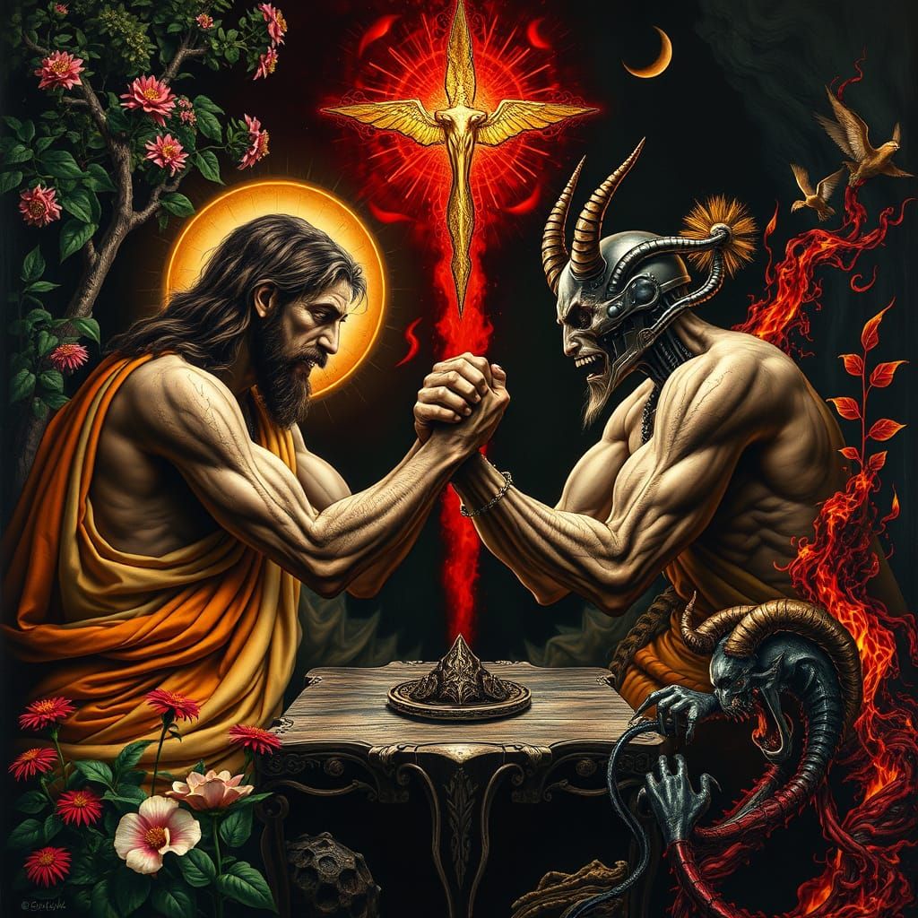 Jesus vs Satan Arm Wrestling in Dark Surrealism